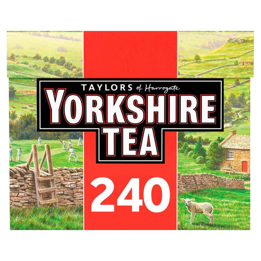 Yorkshire Tea packaging with a scenic landscape background