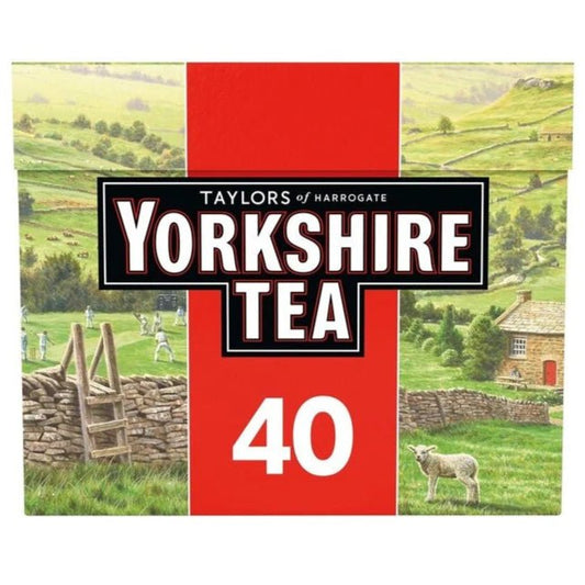Yorkshire Tea packaging with a scenic background