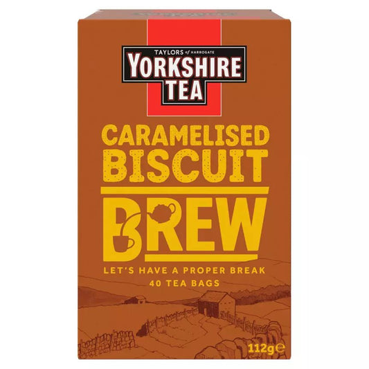 Yorkshire Tea Caramelised Biscuit Brew packaging on a white background