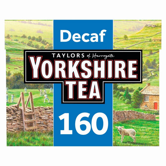 Yorkshire Tea package with a scenic background and 'Decaf' label