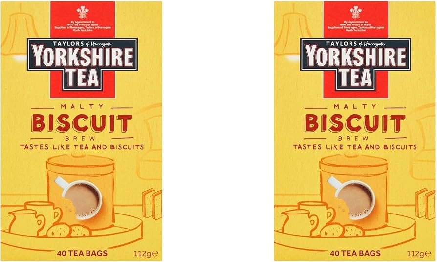 Two packages of Yorkshire Tea Malty Biscuit brew on a white background