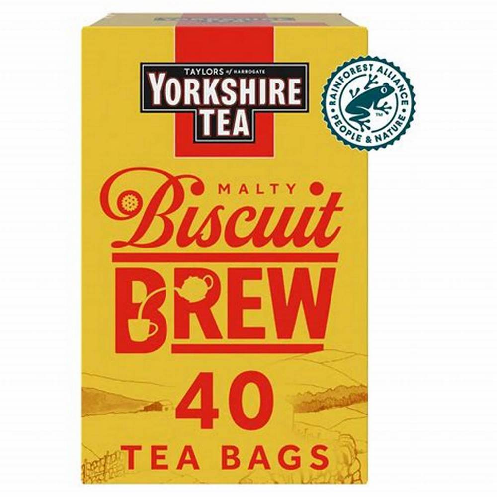 Box of Yorkshire Tea Malty Biscuit Brew tea bags on a white background