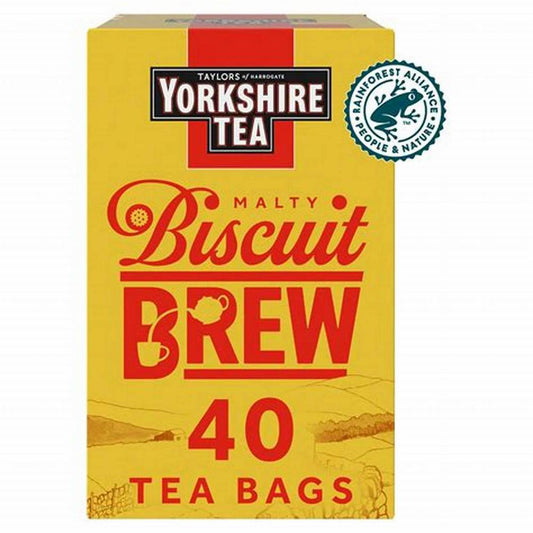Box of Yorkshire Tea Malty Biscuit Brew tea bags on a white background