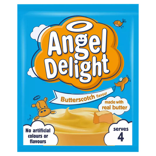 Angel Delight Butterscotch flavor package with blue background