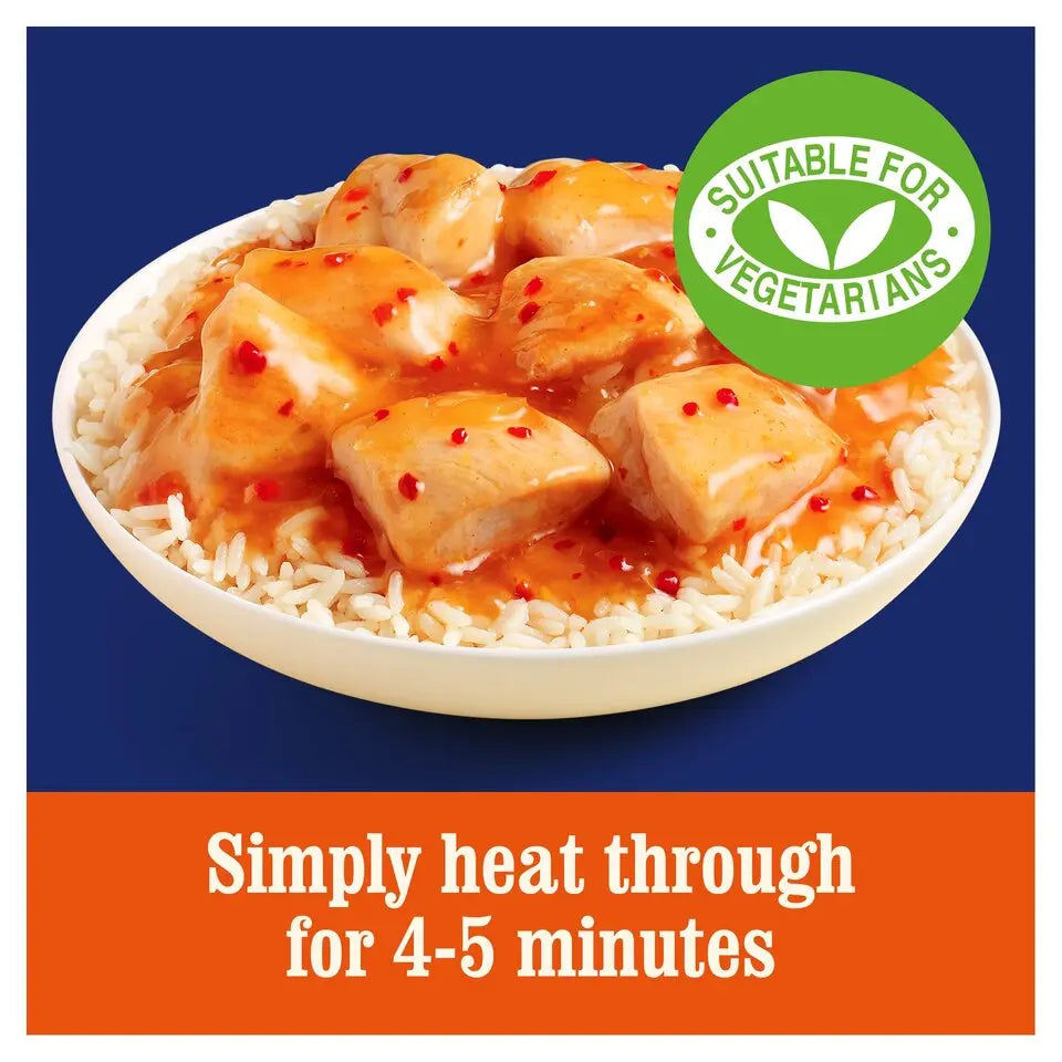 Bowl of food with a vegetarian suitability label on a blue and orange background