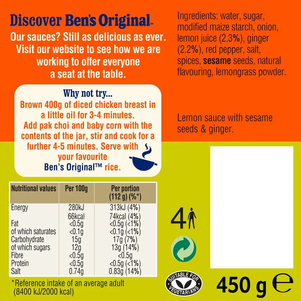 Ben's Original sauce packaging with nutritional information and ingredients list.