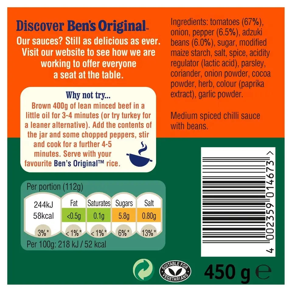 Ben's Original sauce packaging with nutritional information and ingredients list.