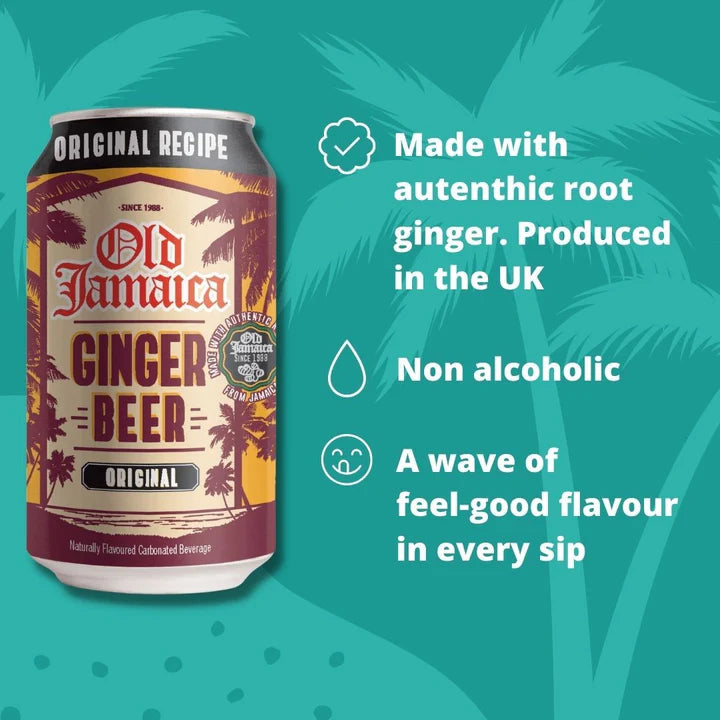 Can of Old Jamaica Ginger Beer with text about its ingredients and production on a teal background with palm trees.